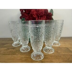 Vintage Czech Pressed Glass Onions Pattern Footed Glasses Set Retro Barware‎